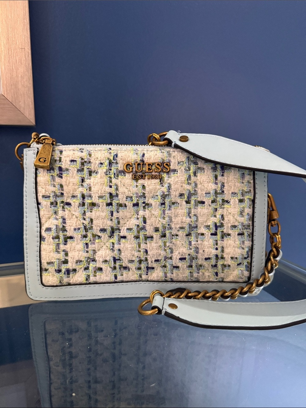 GUESS Light Blue Tweed Crossbody with Gold Hardware